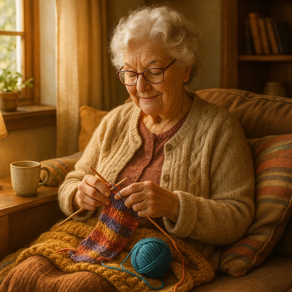 grandma with reading glasses, knitting, cozy setting emoji