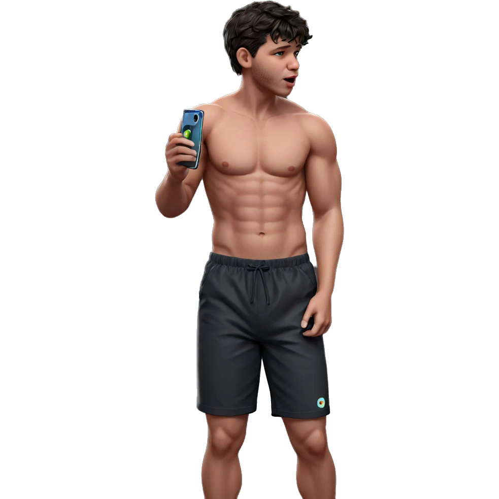 topless boy with phone emoji