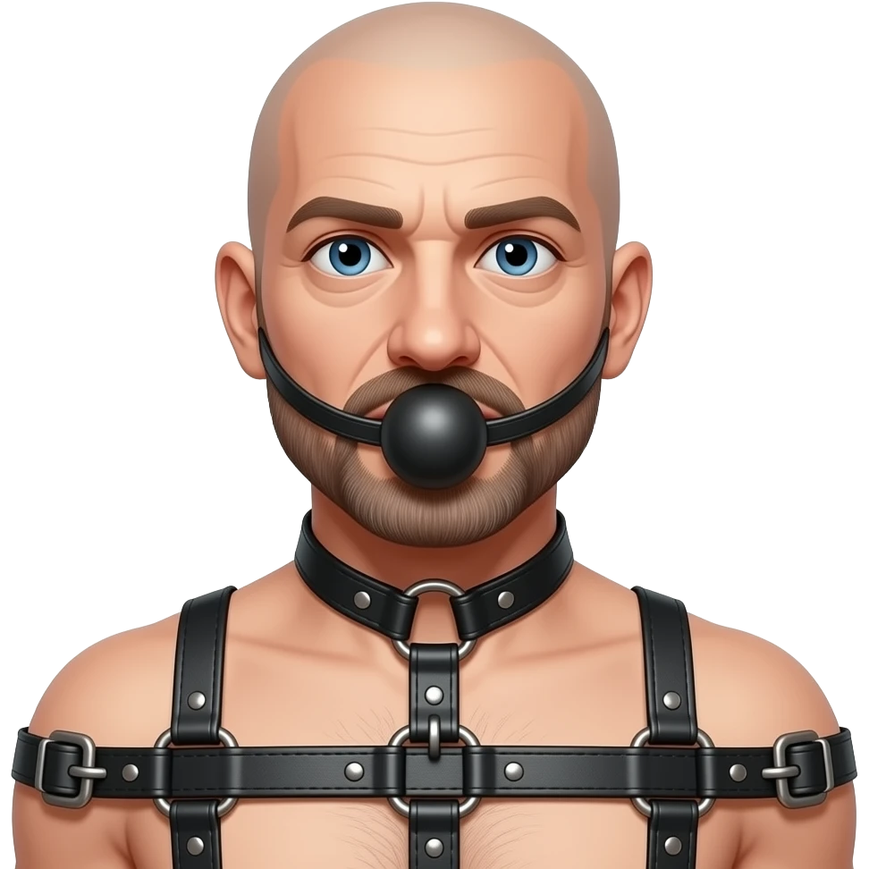 bondage bald goatee 50 years old gag ball tied up harness feminized emoji
