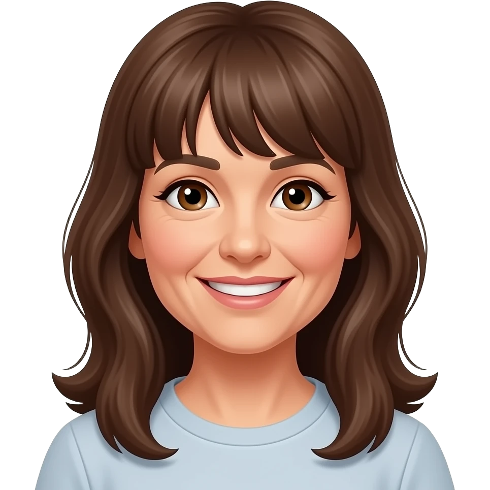 frau um die 50 mit langen offenen braunen haaren, mit pony  schmalem gesicht, braune augengrüßend emoji