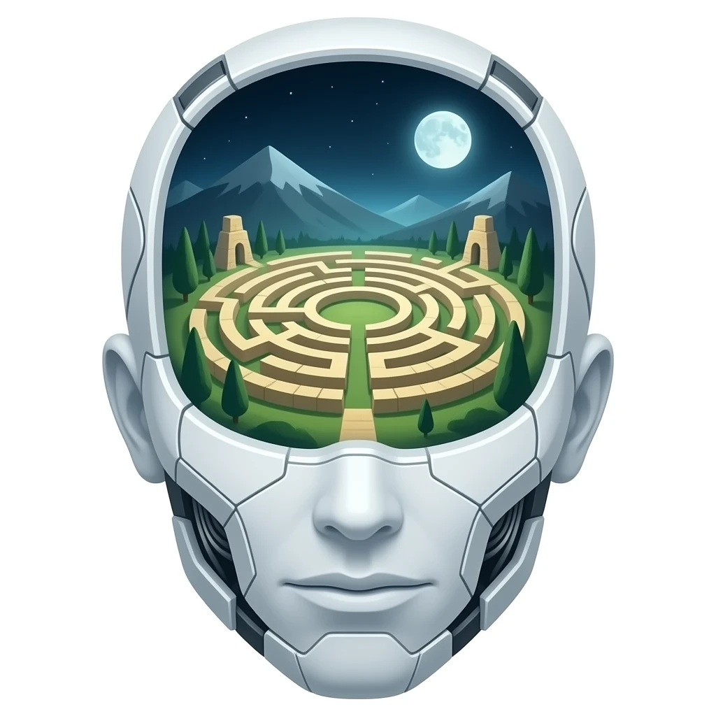 a view from above into an open futuristic cybernetic head that contains the space of an ancient labyrinth emoji