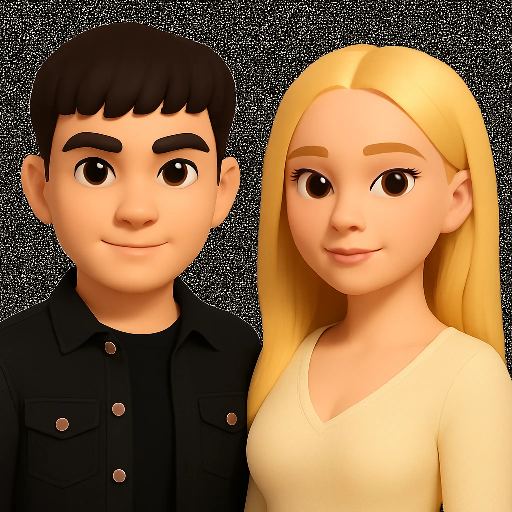 Slightly increase the volume of the upper body of the girl, separate the girl and the boy from each other, make the skin color the same for both characters, while preserving the cartoonish 3D style as in the reference image. emoji