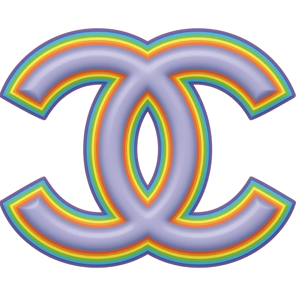 name "Chanel" in blue pink orange 3D style typography lettering, each color of the rainbow as a border outlined around each letter, isolated, 3d rendering, no emoji icons no emoji faces and must have no human figures emoji