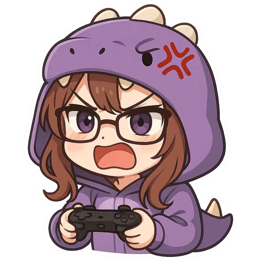 chibi anime style gamer girl with glasses, brown hair, dark purple eyes, wearing a purple dinosaur costume, rage emote, no controller emoji