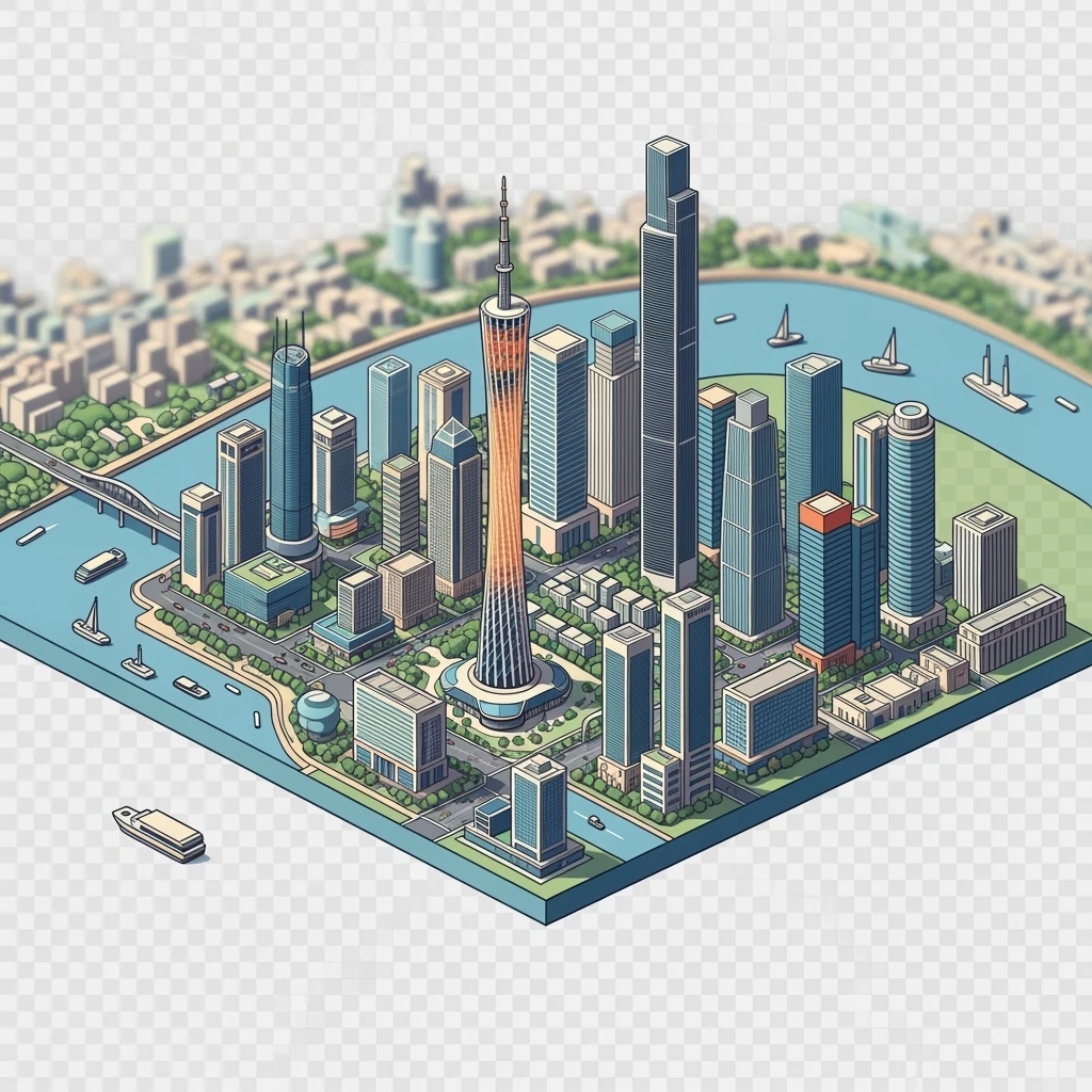 Isometric minimalistic illustration of Guangzhou, subtle 3D miniature effect and Tilt Shift effect, no cartoonish look, transparent background. emoji