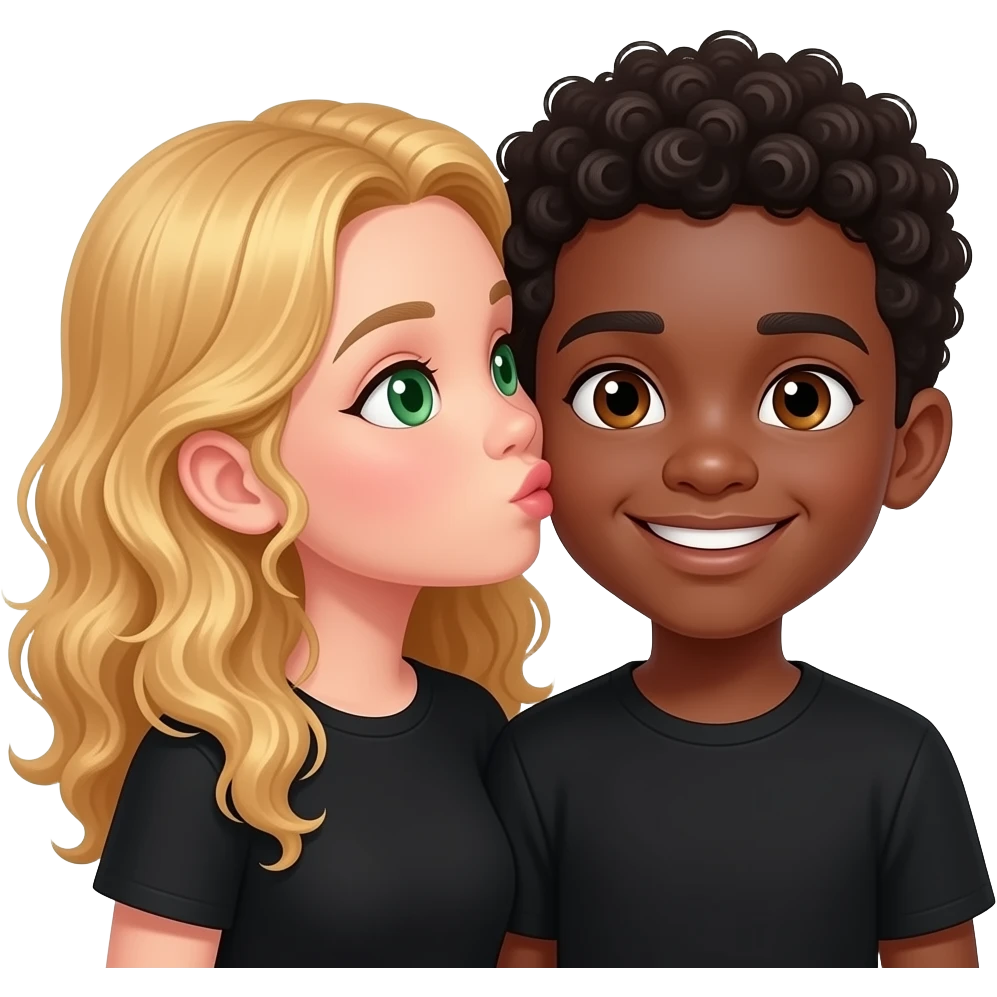 Chica rubia de pelo rizado con ojos verdes da un beso  en la mejilla a chico negro ojos marrones. Van vestidos de negro los dos y los dos sonrien emoji