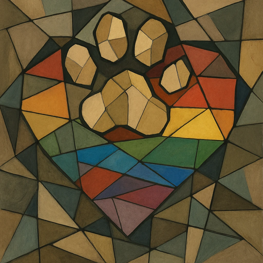 rainbow pride heart with a paw print on top, cubist abstraction style, no text emoji
