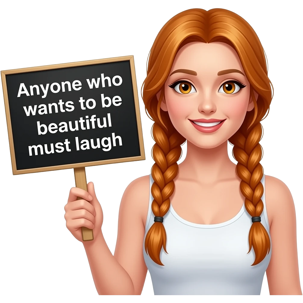 sexy girl with long ginger braids and ginger eyes wearing a white tanktop is holding a black sign with Wer SCHÖN sein will muss LACHEN written on it emoji