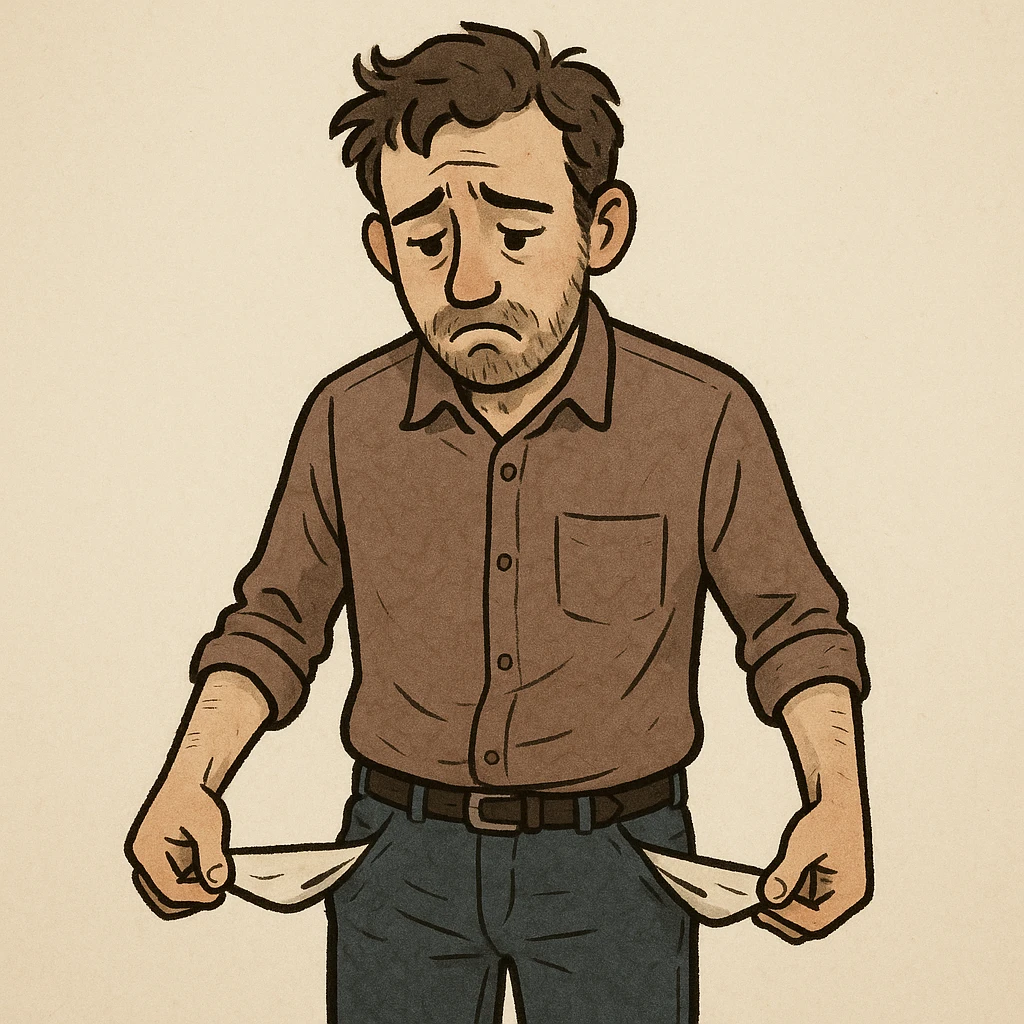 a broke man, looking sad, empty pockets, simple background emoji