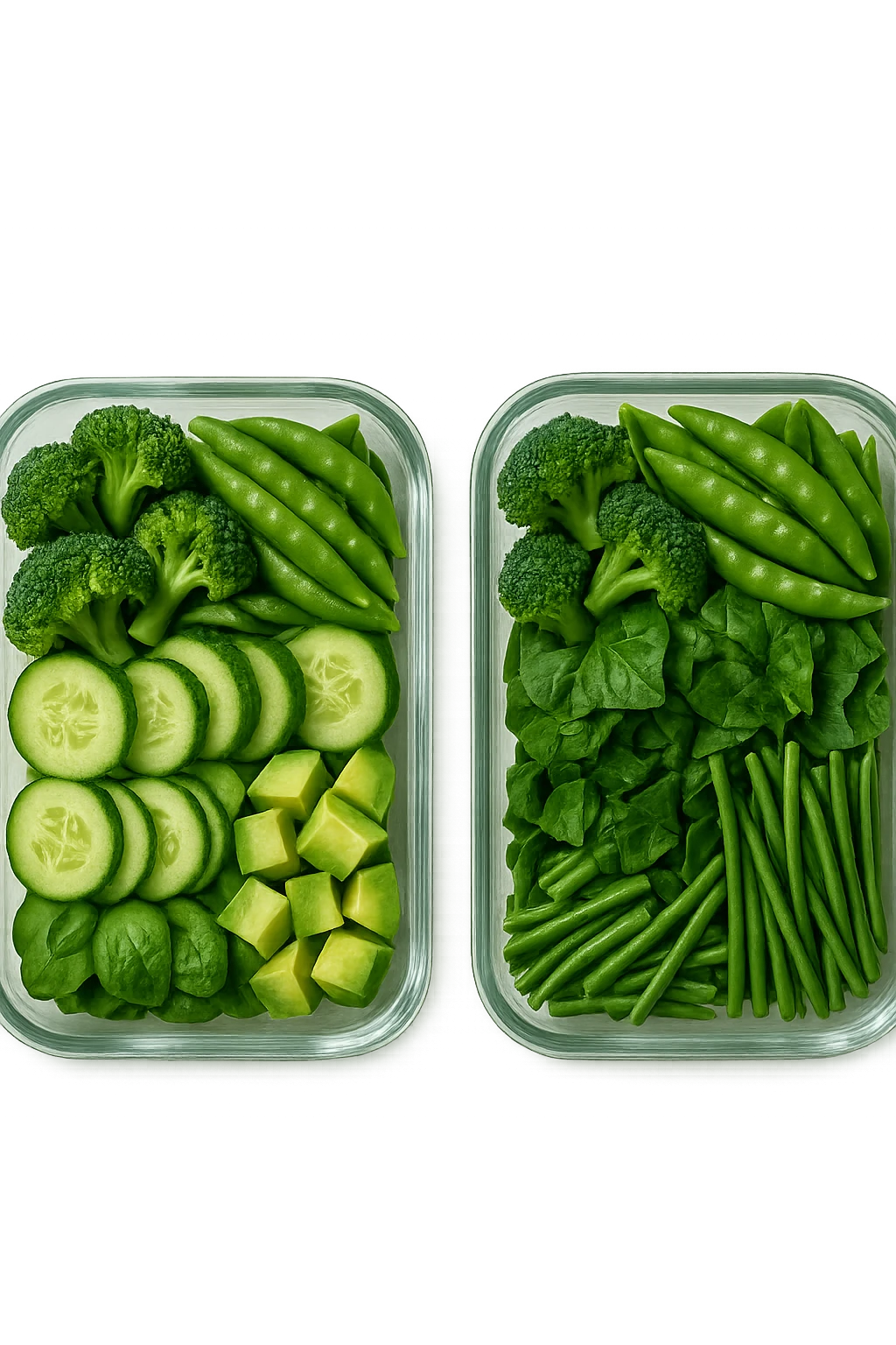 verdure tagliate e sistemate in due schiscette di vetro viste dall'alto, iperrealistico 4k emoji