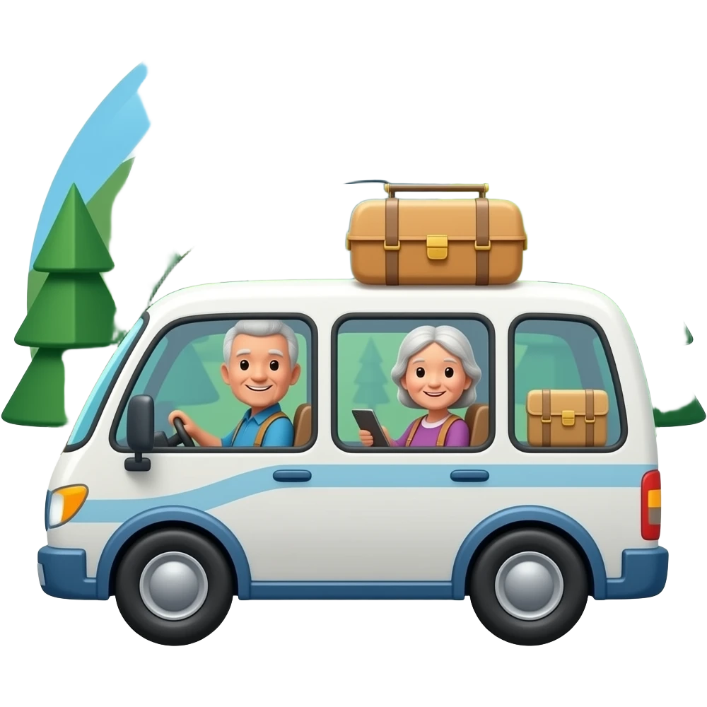 tee emoji jossa vanhempi pariskunta matkustaa matkailuajoneuvolla vuoristossa emoji