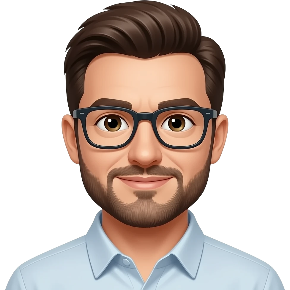white man, dark brown hair, short beard and glasses emoji