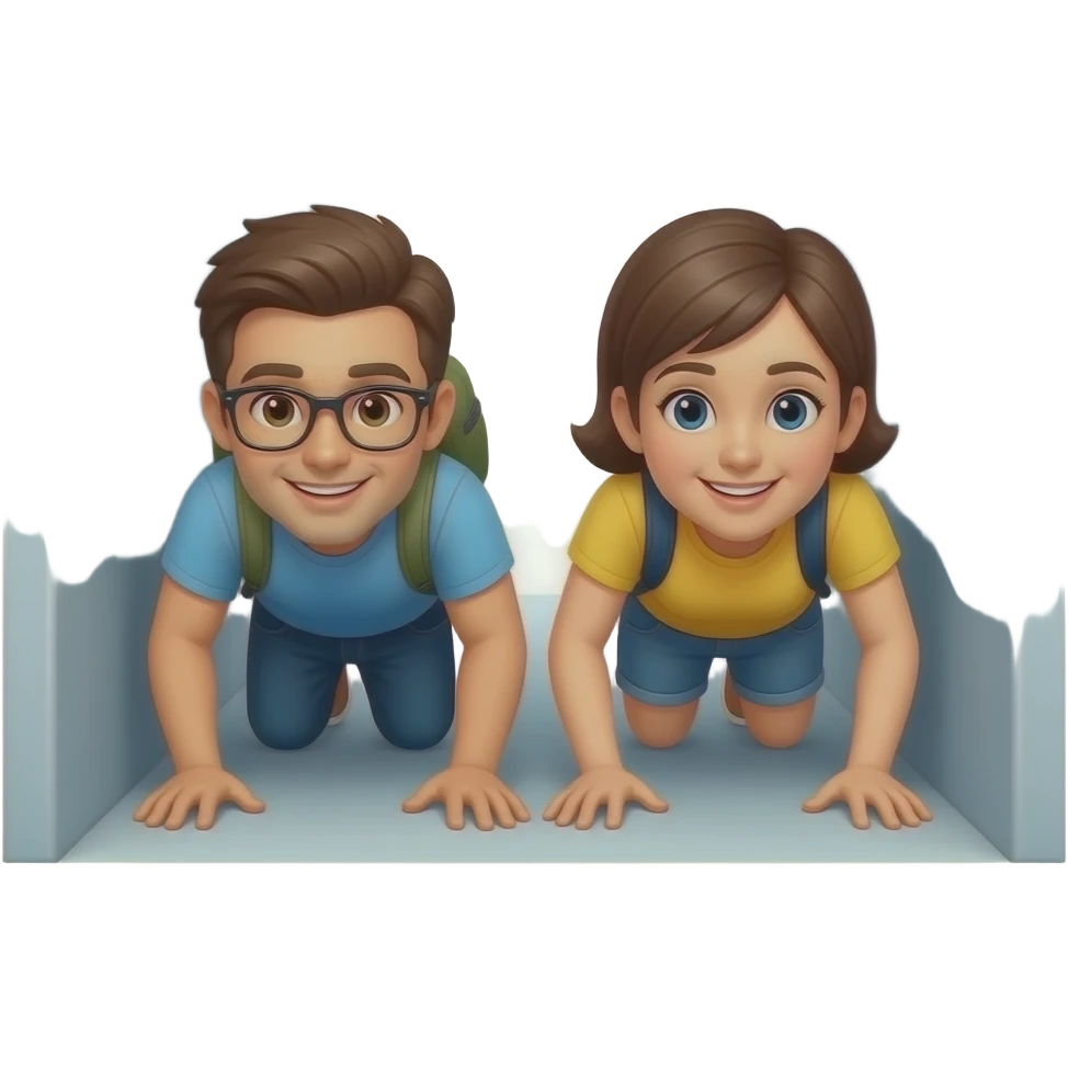 tee kuva, jossa kaksi turistia ryömii tunnelissa emoji