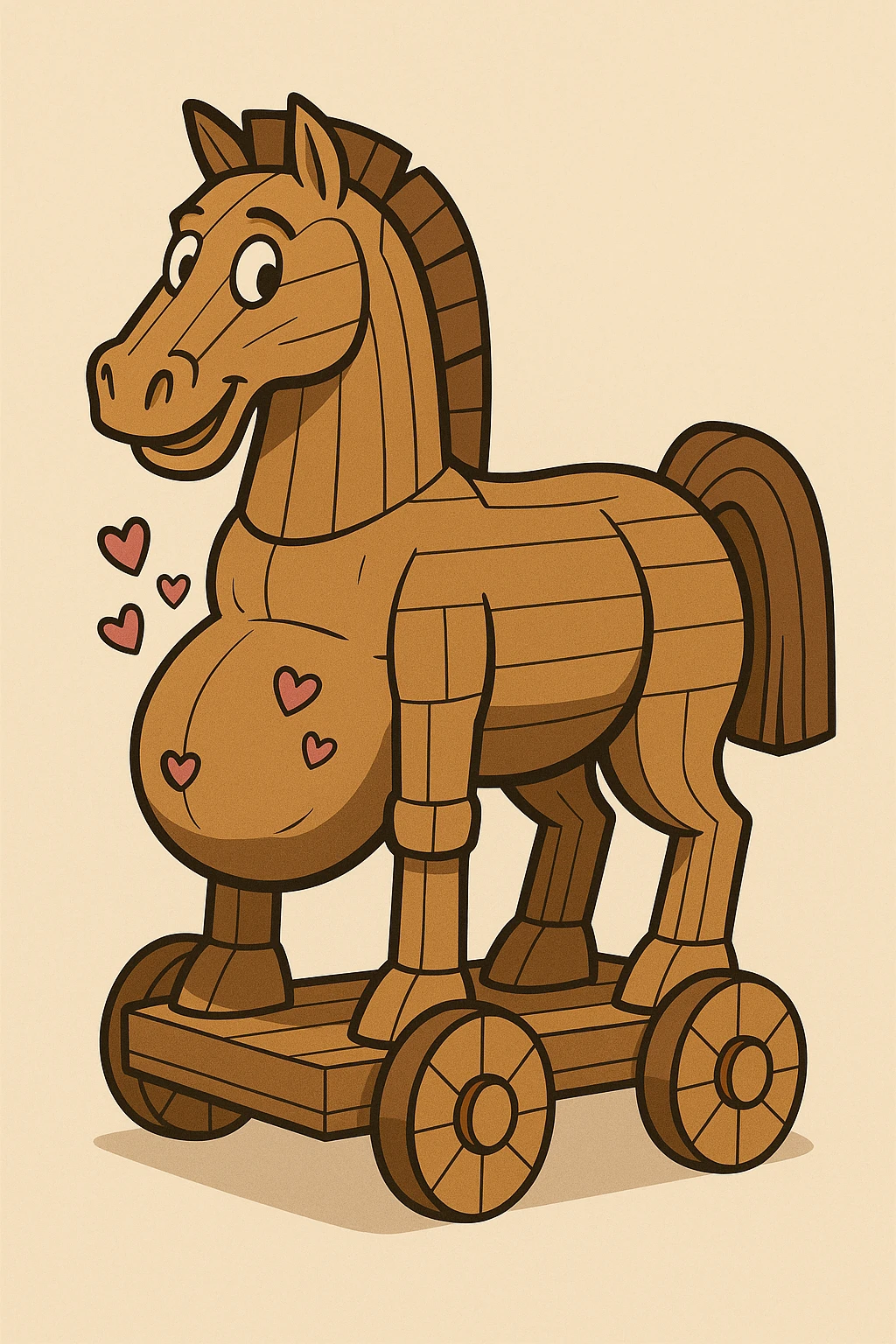 classic wooden trojan horse, pregnant with visible baby belly and small hearts, friendly style emoji