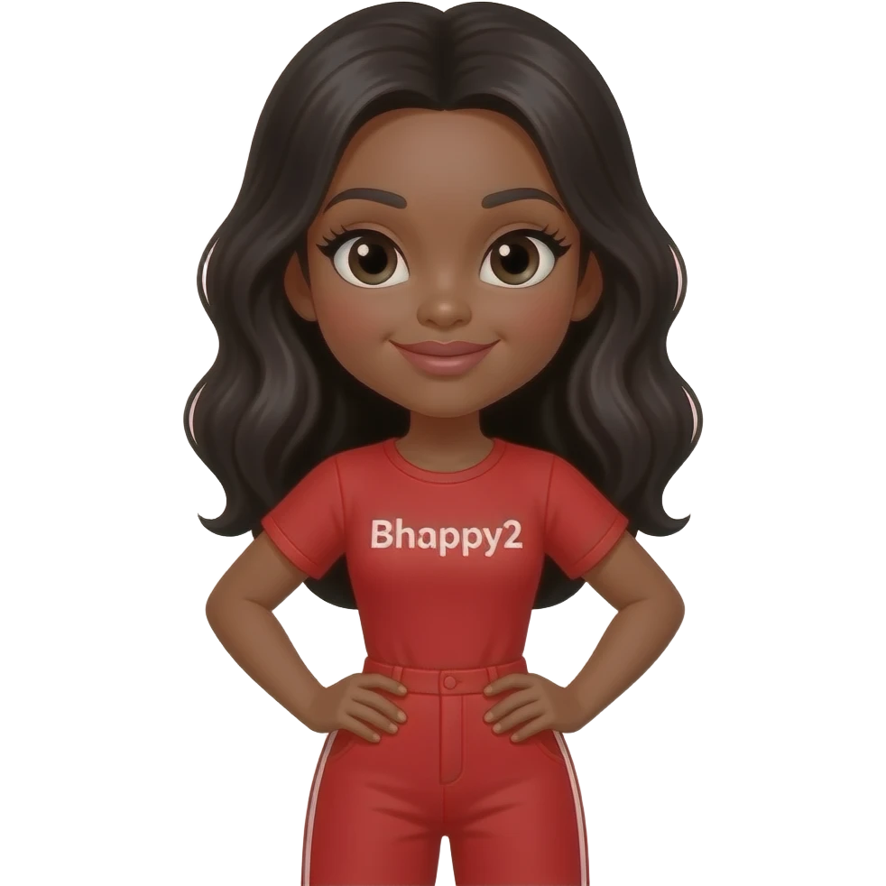 Add the caption Bhappy2 a black Betty boo female emoji image in a red jumpsuit with the words Bhappy2 suit emoji