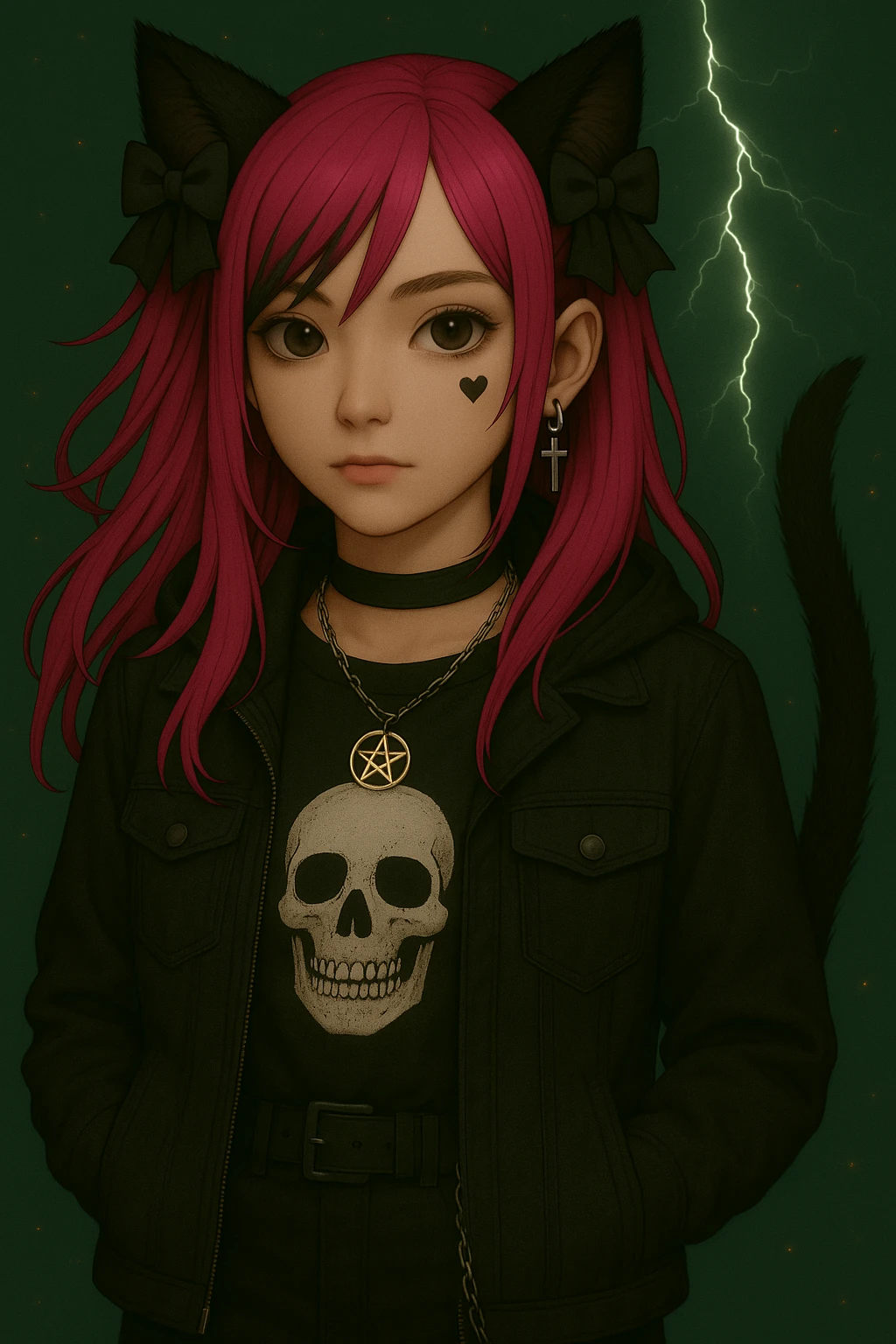 Edit the image to have a small, clear heart face tattoo under her left eye. Keep the modern streetwear outfit, emo style, pink hair, dark magical accessory, sparkles, stormy background, and normal face. Render in a realistic anime style. emoji