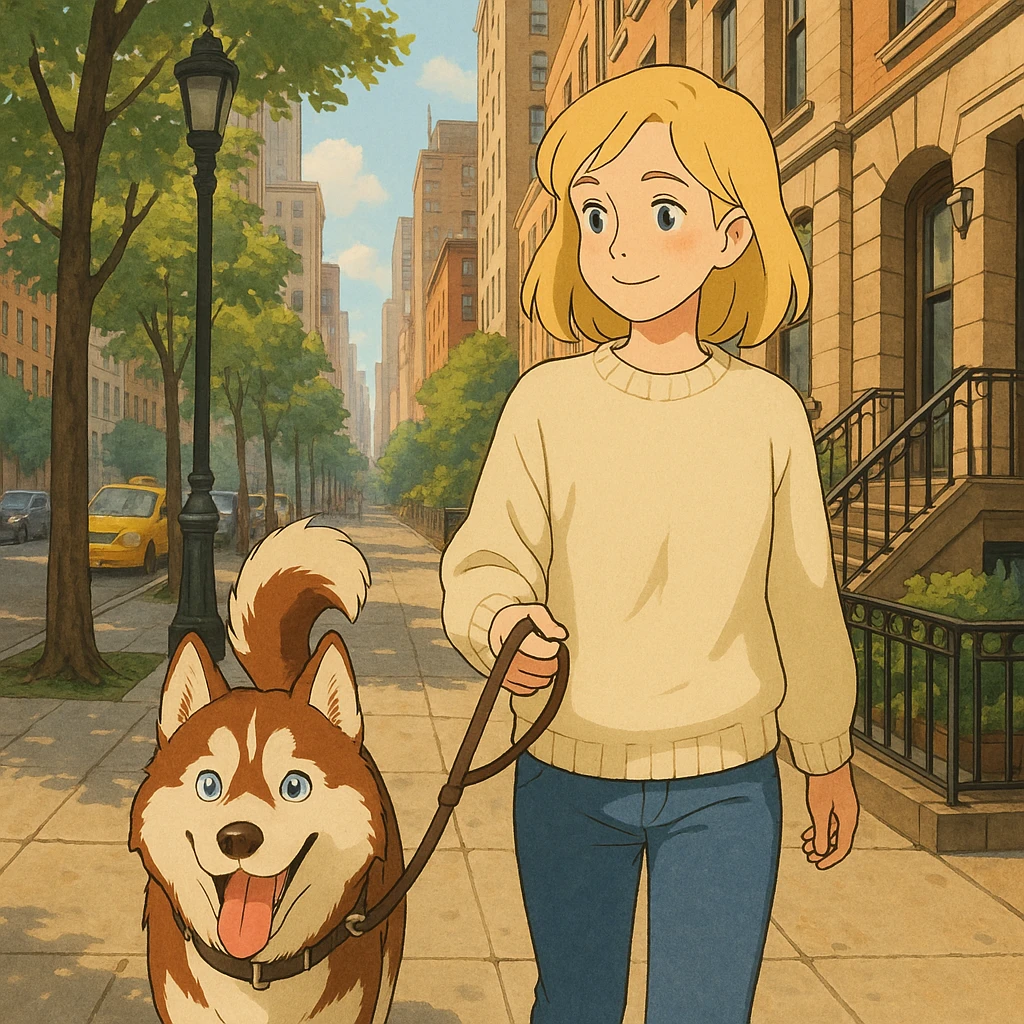 Cute Blonde woman wearing a sweater walking a happy red-brown blue-eyed Siberian husky in New York City on an upper east side city sidewalk  emoji