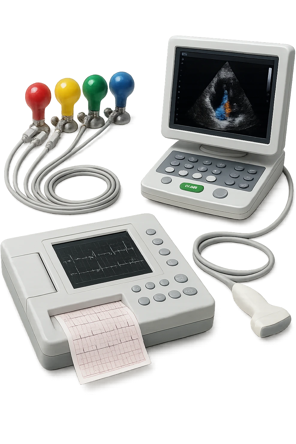 STRUMENTI MEDICI PER FARE ECG e ecocardio, iperrealistico 4k, isolato su sfondo bianco emoji