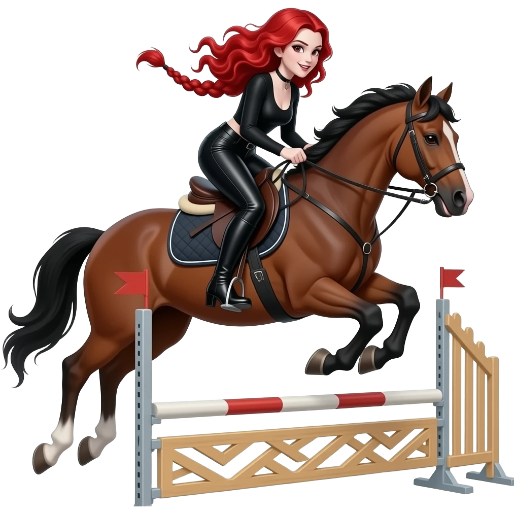 Vampiro femmina ADOLESCENTE con pelle bianca e capelli rosso ondulati lunghi in una coda che indossa dei pantaloni di pelle neri un top con maniche lunghe neroe degli stivali lunghi neri con tacco che cavalca un cavallo e fa' una gara ad ostacoli ed intrattenimento salta dalla sella emoji
