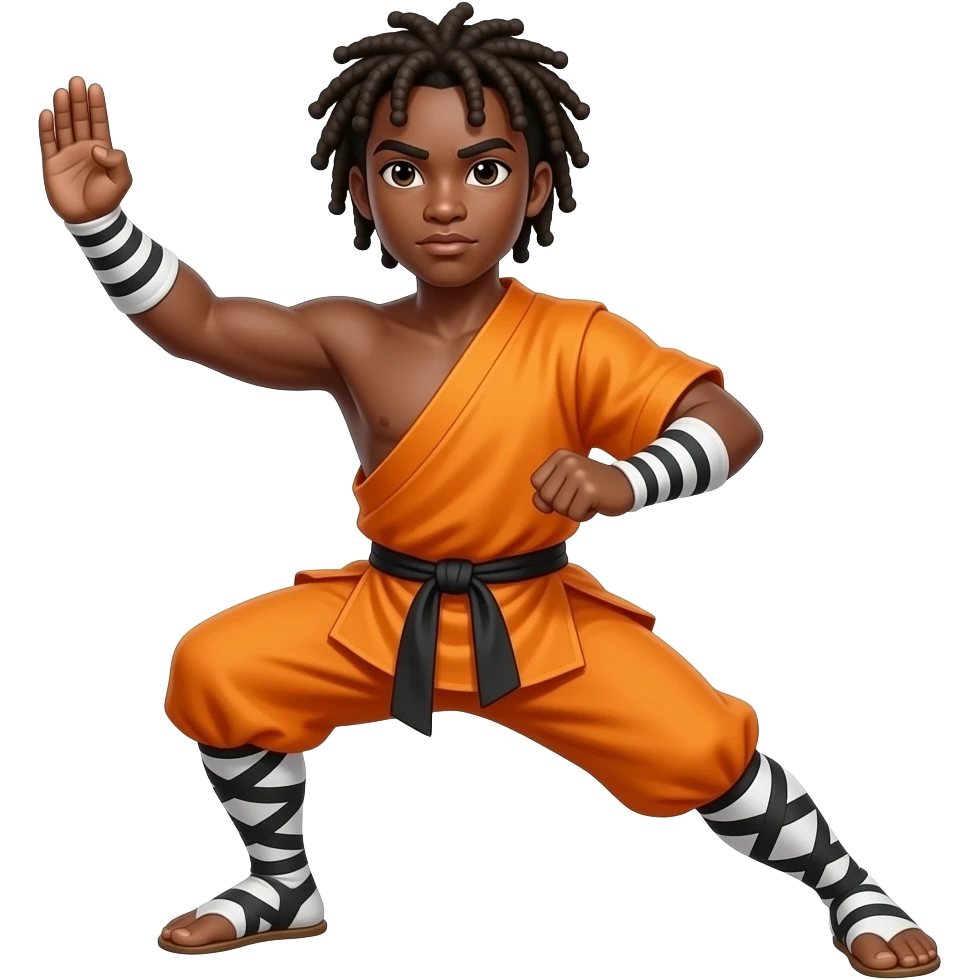 Black American with dreadlocks shaolin monk doing kung fu in orange Buddhist robes EMOJI (not a sticker) emoji
