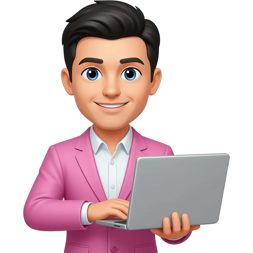 cambiale el saco de oficina a rosa y el pelo negro, con computadora gris emoji