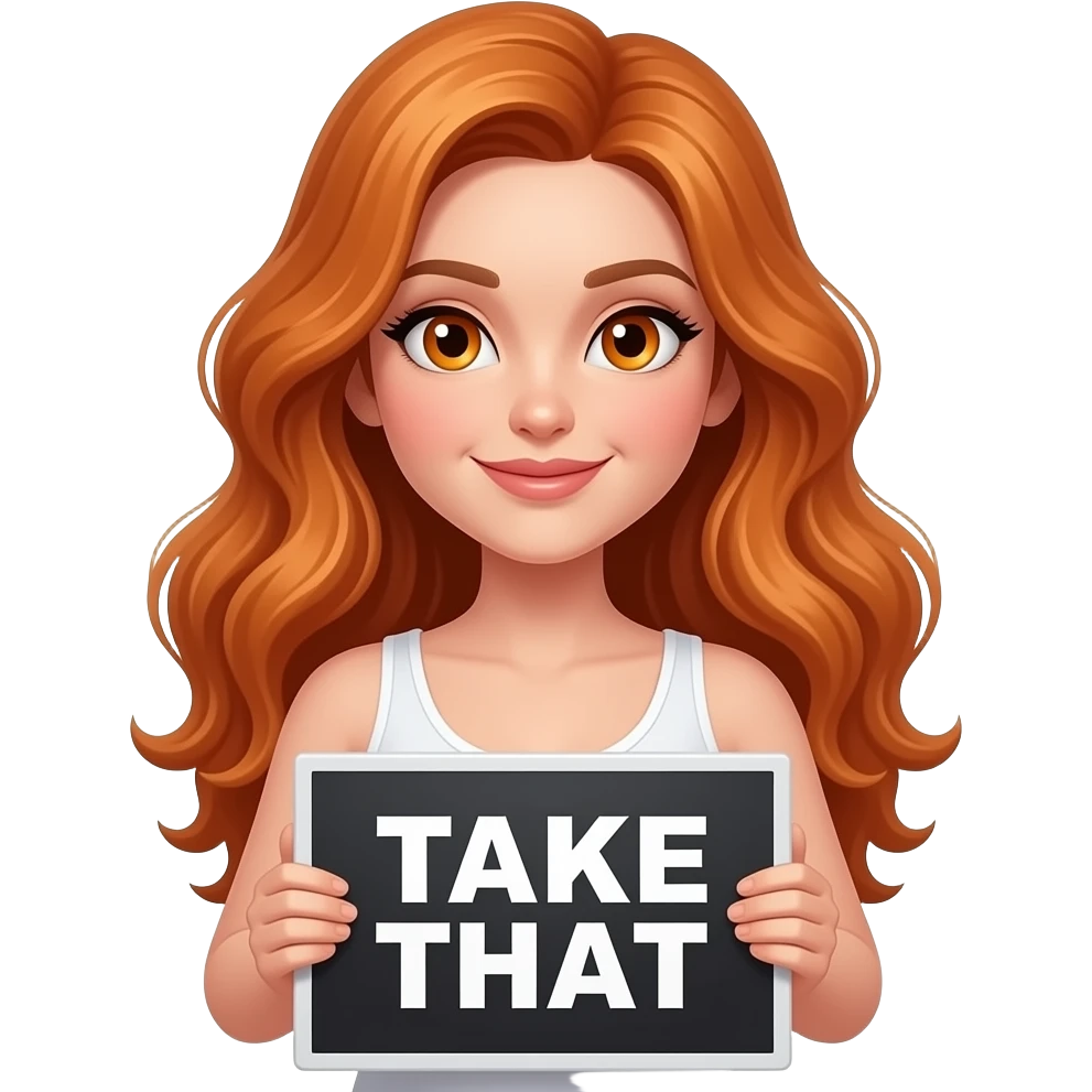 sexy girl with long wavy ginger hair and ginger eyes wearing a white tanktop is holding a black colored sign with TAKE THAT written on it emoji