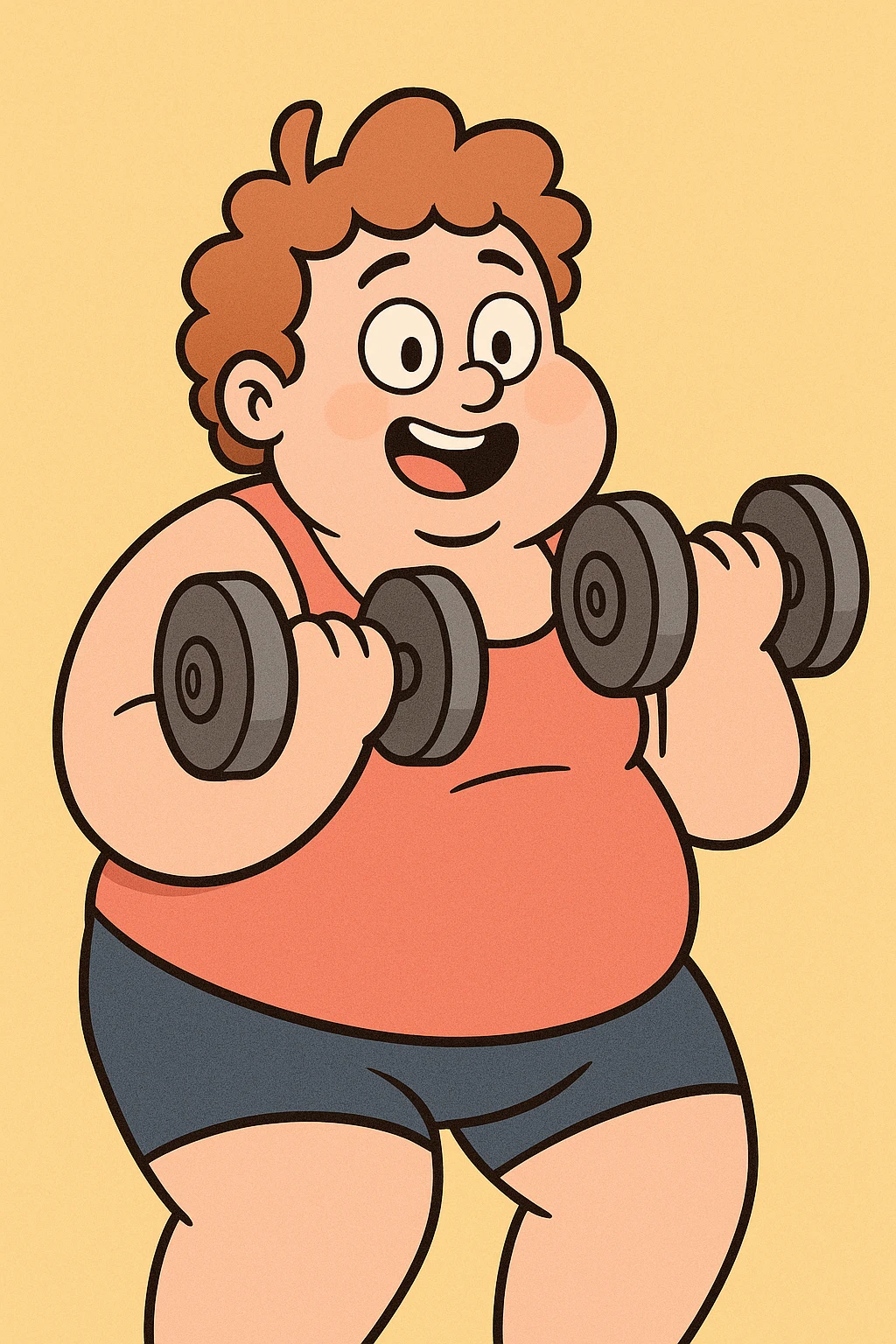 cartoon style cute chubby person lifting dumbbells with a simple bright background emoji