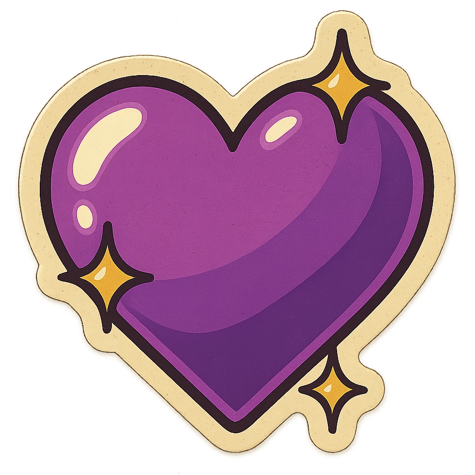 retro sticker of a purple heart with sparkles, bold outlines, vintage sticker style emoji