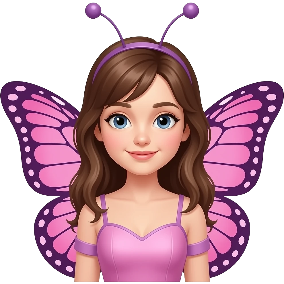 Niña de cabello castaño con traje de mariposa alas rosas con lila en color de rosa emoji