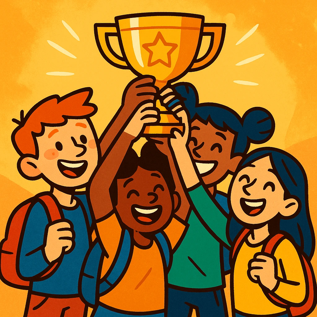 four students in a warm atmosphere lifting a trophy, expressive illustration style, bright colors emoji