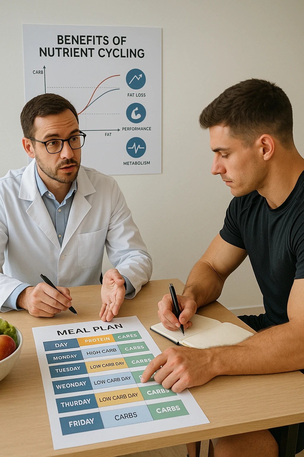 a nutritionist explains to an athlete how to cycle macronutrients for fat loss and training. On the desk, a weekly meal planner shows alternating high-carb and low-carb days, with color-coded sections for proteine, grassi, and carbo. The athlete takes notes, and a chart in the background illustrates the benefits of nutrient cycling. The mood is professional and educational. scritto in italiano emoji