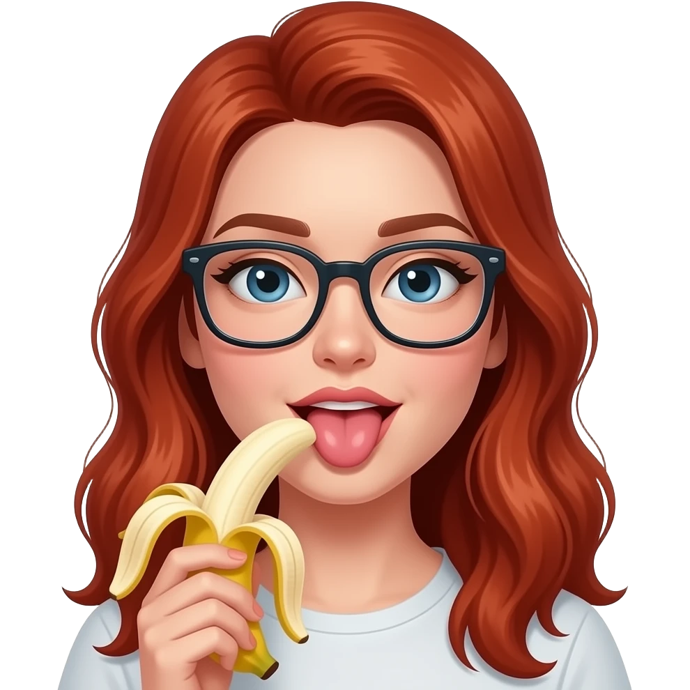 lei capelli rossi lunghi con occhiali, lecca una banana in modo sensuale con la lingua mentre lecca emoji