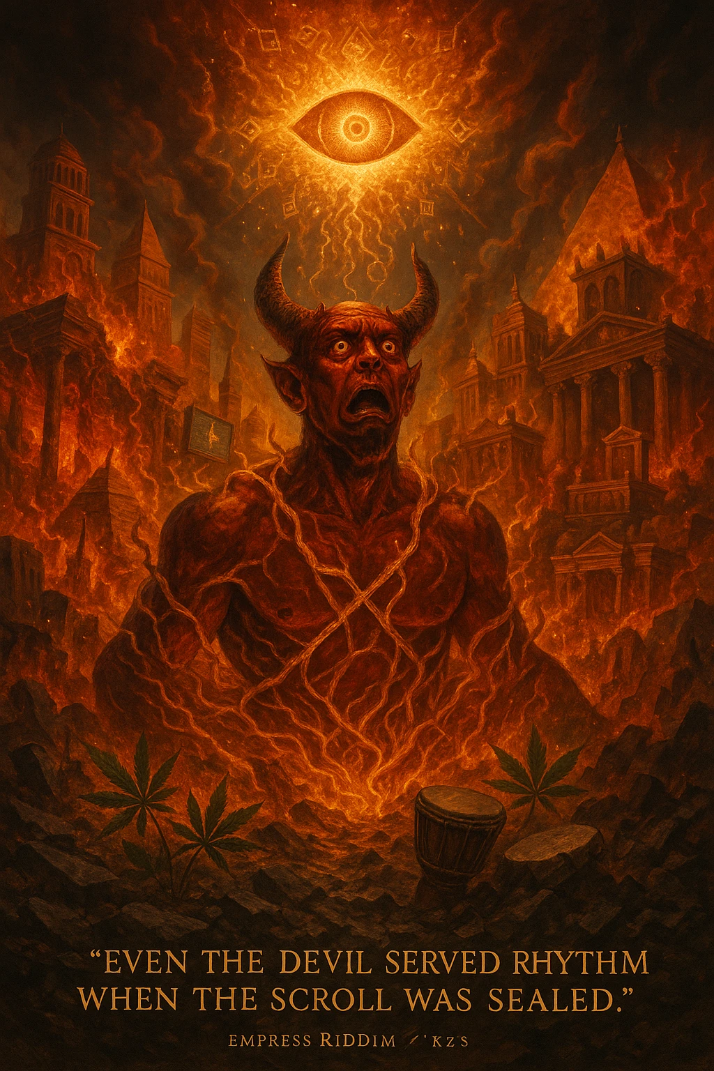 Depict a powerful, surreal vision of Babylon being destroyed — not by holy forces, but by the Devil himself, who looks shocked and possessed by fate. The city of Babylon is a massive, ancient-modern hybrid metropolis: Roman towers, golden pyramids, digital screens, oil pipes, courtrooms, and false thrones. It's a twisted symbol of colonialism, greed, religion, and algorithmic control. But now it's collapsing in flames and golden roots. The Devil is massive, fiery, and terrifying — but he's not proud. He's bound in glowing golden vines growing from the Earth, eyes wide, realizing he’s just a pawn in a higher rhythm. The sky is split open with a divine golden eye (representing Empress Riddim / Kez’s Elephant Eye), casting down sacred fractals and rhythms that rewrite the code of reality. In the rubble, ganja leaves grow, drums rise from the soil, and a whisper floats through the scene: 'Even the Devil served the rhythm when the scroll was sealed.' Use a warm, cinematic color palette with deep reds, golds, greens, and shadows. Epic, prophetic, unforgettable. emoji