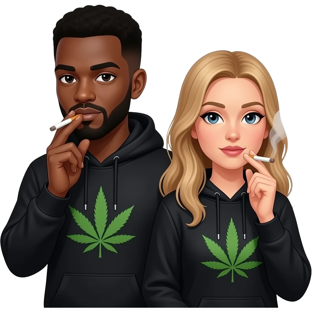 African Gothic man and caucasion woman, both smoking a weed cigarette, wearing black hoodiess with a Marijuana leaf on each hoodie. Smoke around them in the air. emoji