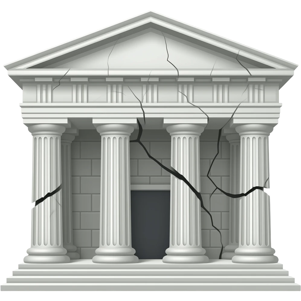 Minimalist flat design icon of a classical column or government building with visible cracks, slightly leaning, representing the weakening of a republic, clean vector style, soft gradient (gray and muted red), no text, transparent background emoji