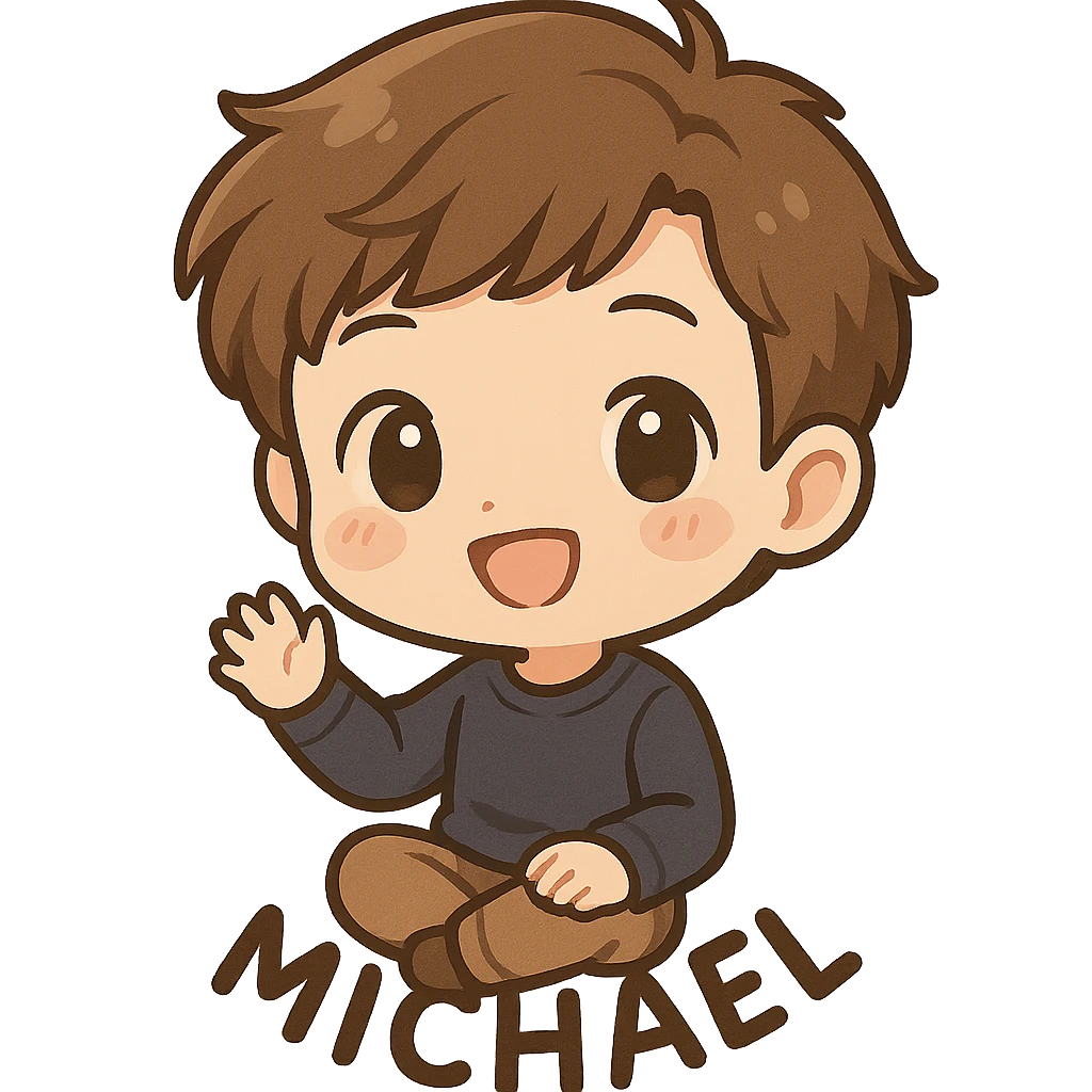 chibi sticker of Michael, oversized head, cute expression, brown hair emoji