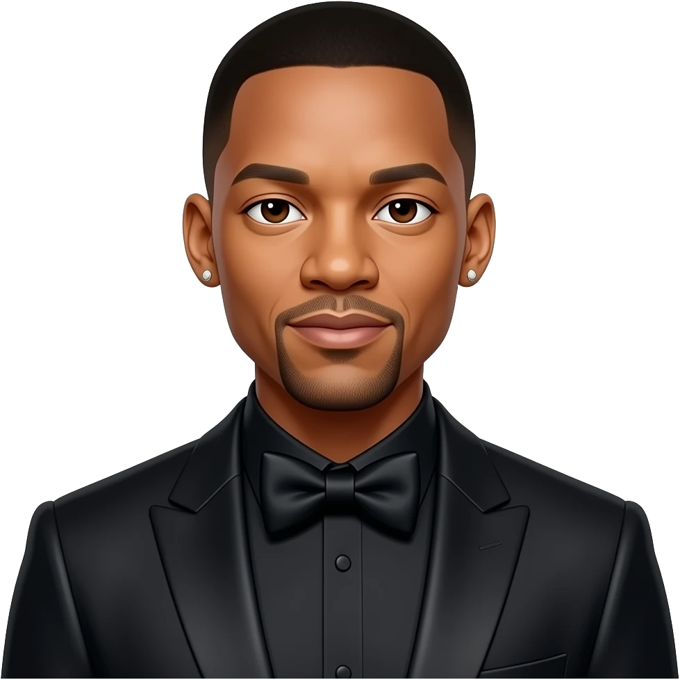 Will Smith with dark brown eyes, black hair, black metallic suit with bow tie, short earrings emoji