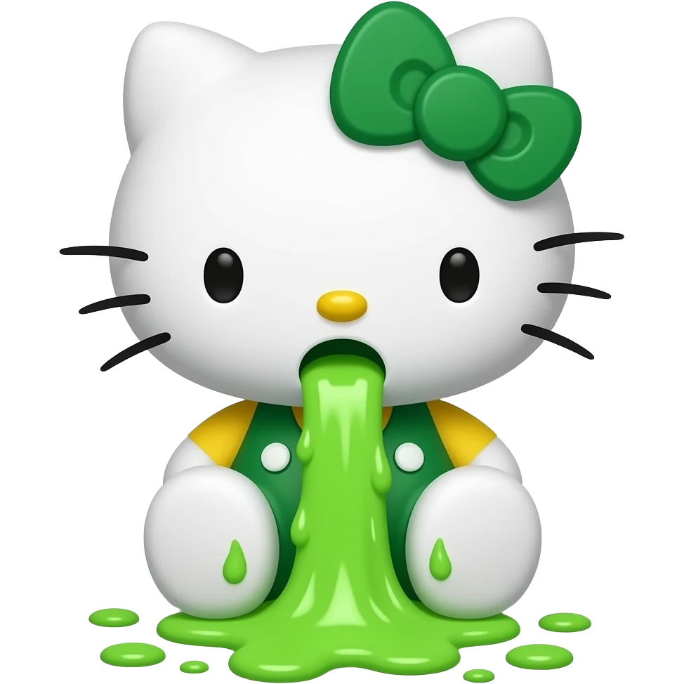 green-white hello kitty is vomiting neon green through her mouth, spewing it out onto the floor at her feet niagara show fuck w finger emoji
