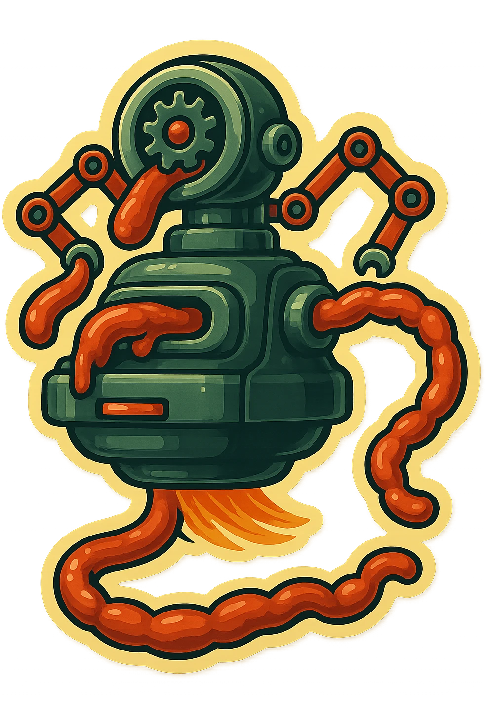sausage-processing droid. retro-futuristic style. in front is a large industrial grinder rotating gears and blades. Two robotic arms feed material into grinder. Sausage links extrude from the rear like  factory. The body is metallic, compact, and floats above the ground.no legs. Dark humor emoji