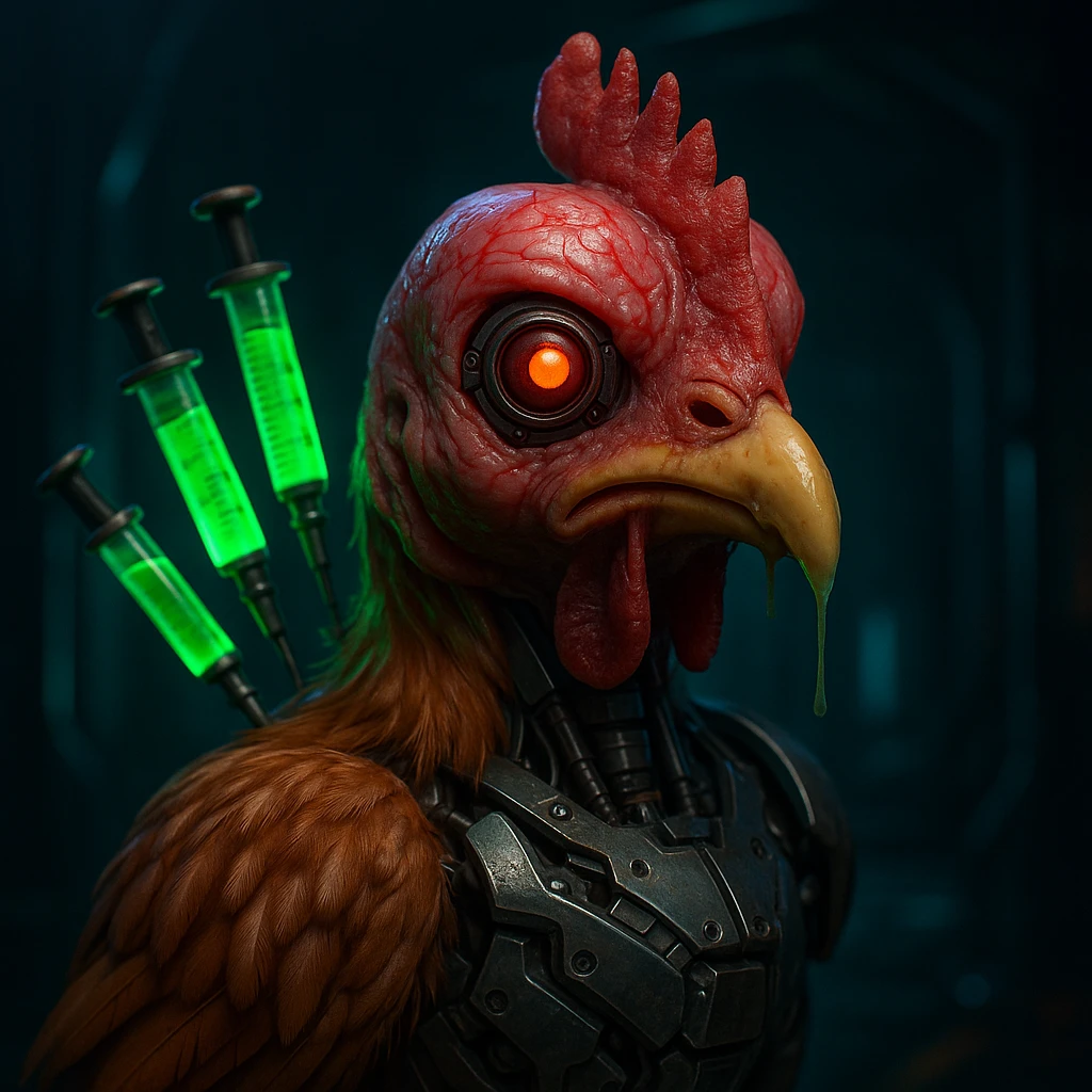 hyperrealistic mutant chicken emoji with fleshy red head and veins, one cyborg eye, deformed beak with slime, body half feathers and half mechanical, glowing green hormone syringes in neck, dark neon-accented sci-fi atmosphere emoji