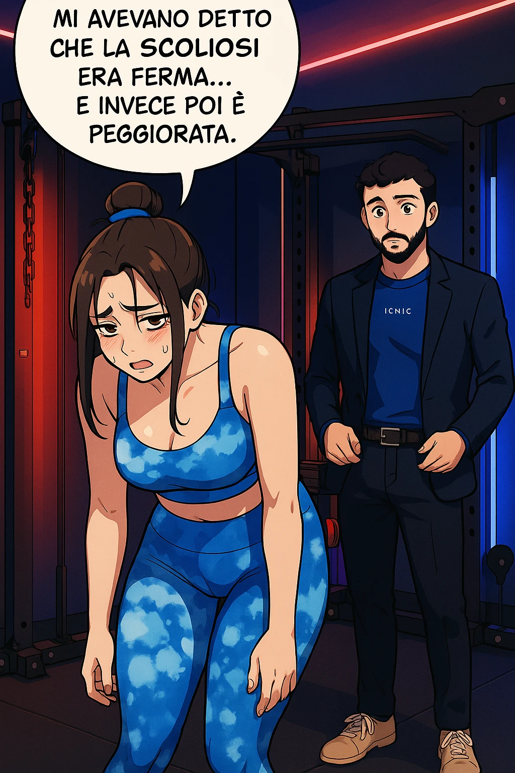 fai questa immagine in versione fumetto/manga/webtoon a colori, il manga mostra la donna disperata con un fumetto sulla testa che dice:
Mi avevano detto che la scoliosi era ferma… e invece poi è peggiorata.
 emoji