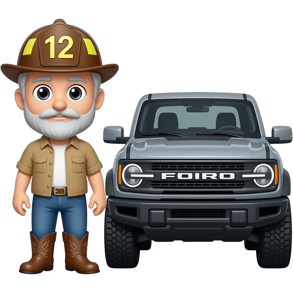 Ford bronco Cartoon emoji-style grey haired man in jeans, cowboy boots, and a firefighter helmet with 12 on the front standing next to marsh gray colored 2025 ford bronco emoji