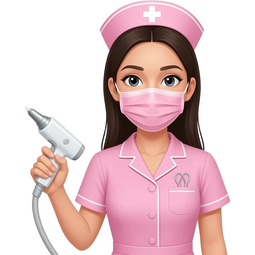 Mujer joven piel clara y cabello oscuro con uniforme de enfermera rosado sin implementos medicos con tapabocas rosado del torso hacia arriba con El láser nd yag en la mano. en pose como lista para empezar una remoción láser. emoji