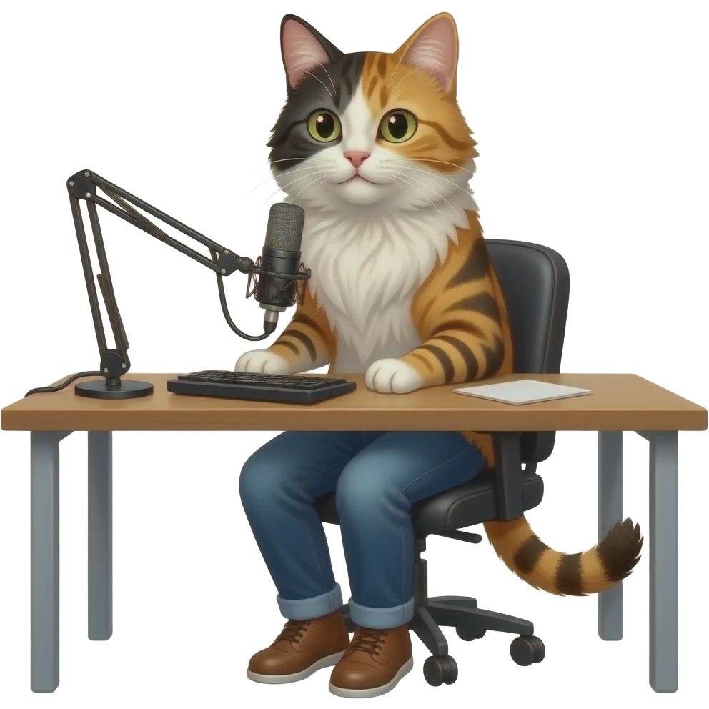 sincere long-haired calico cat podcaster at desk emoji