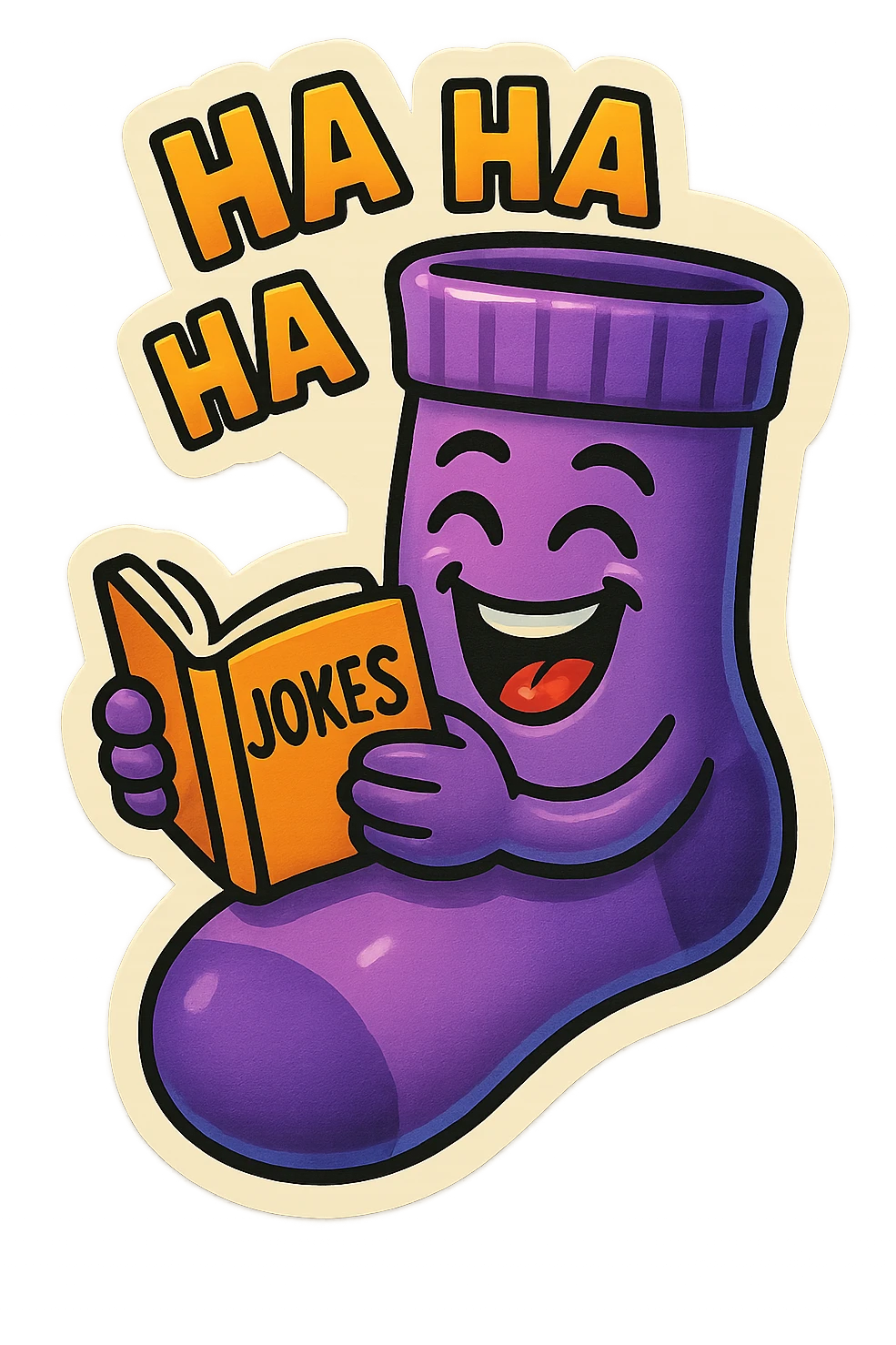 A purple sock with a laughing face, holding a joke book, representing laughter or humor. emoji