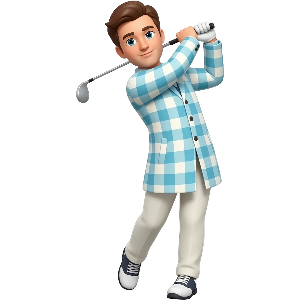 picture of a man making a golf swing while wearing a plaid sports coat. The sports coat colours should be pastel emoji