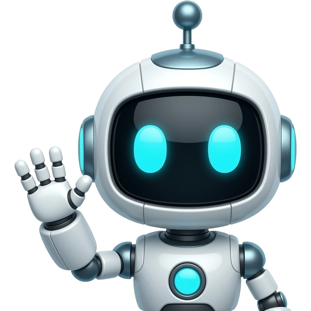 A friendly humanized robot character, with a round expressive 
  face, big glowing eyes, small antenna on top of the head,
  raising one hand to wave thank you emoji