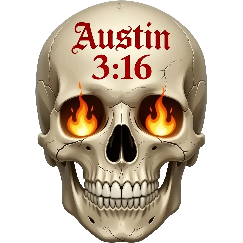 human skull with jaw, no teeth broken, the words Austin 3:16 in black ink, eye socket, and nose cavity need flames, words carved into its forehead in a Gothic font, show cracks, weathering, pieces missing, true flames come out of sockets, all fonts need to be bright red and stacked emoji