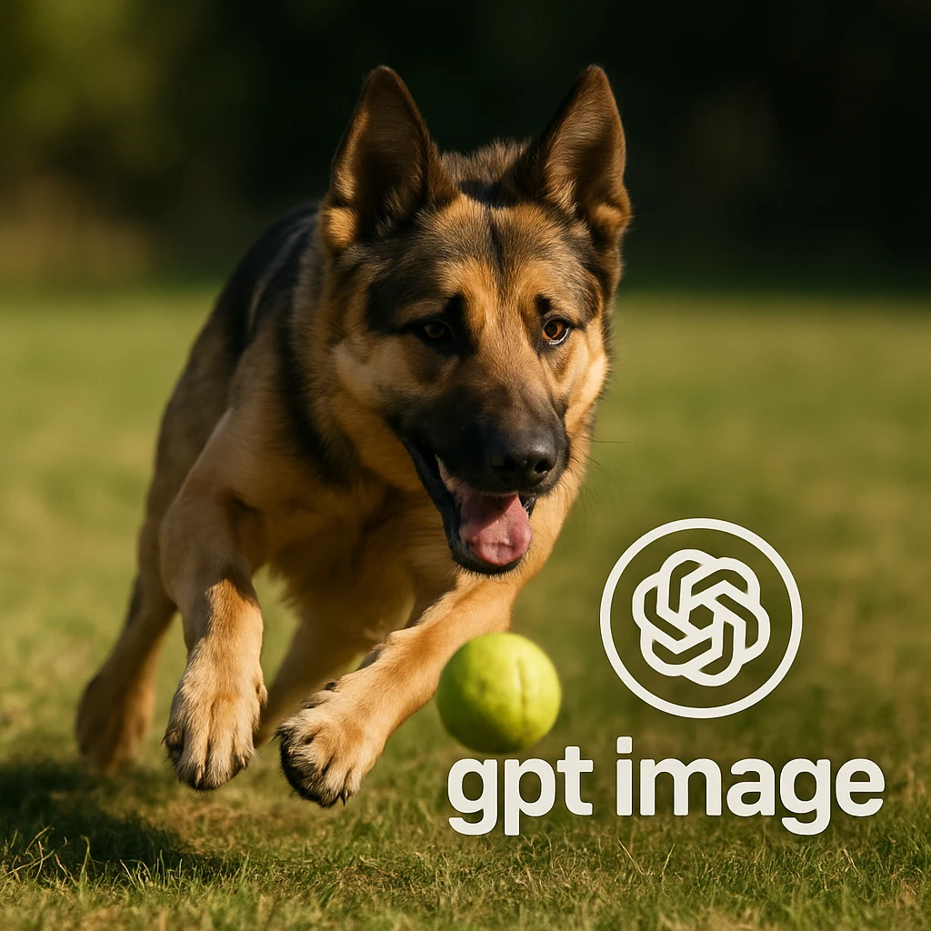  logo with text "gpt image" on the background of a dog chasing ball, realistic image emoji