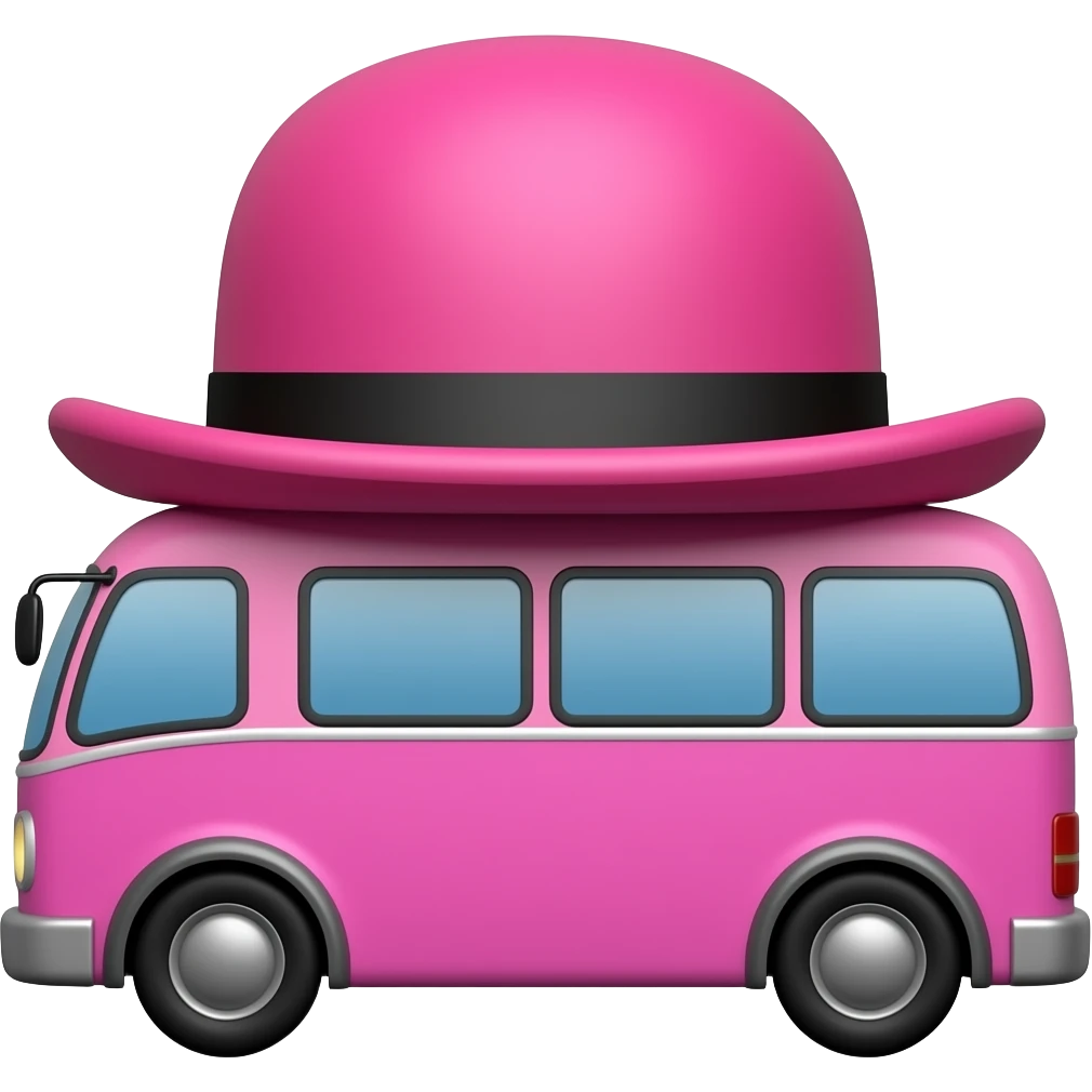 Hot pink bowler hat on top of hot pink bus emoji